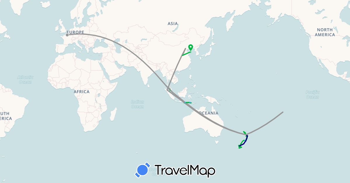 TravelMap itinerary: driving, bus, plane, boat, motorbike in China, France, Indonesia, Malaysia, New Zealand, French Polynesia, Singapore (Asia, Europe, Oceania)